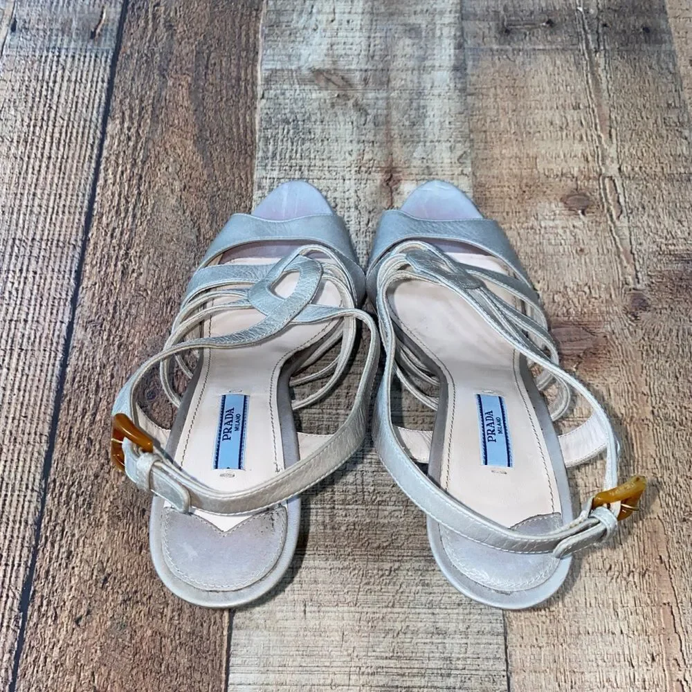 Prada Sandals Beige Gray Leather T-Strap Platform Heel Size 39.5 / US 9